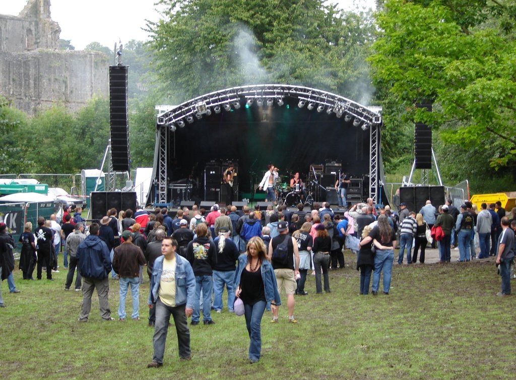 PROTECH Sound in Chepstow Castle Dell.  16 x Martin Audio W8LM Line Array Elements, Flown on our Milos MRT1 Towers, with 6 x Martin Audio S218 Bass Bins a side                